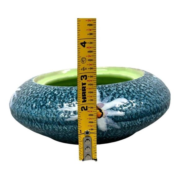 Vintage Signed Italy Blue Ceramic Bowl Planter Floral & Green Interior Flower 6" - Picture 6 of 6